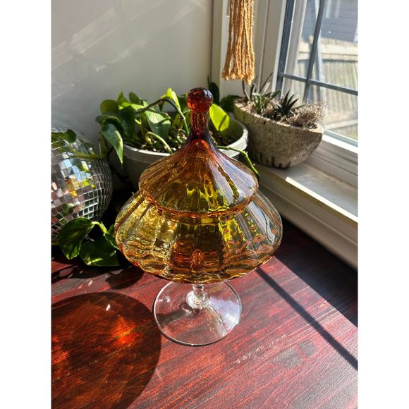 Empoli Large Vintage Amber Apothecary Jar Italian  MCM Lidded Cookie Candy Jar - Picture 2 of 6